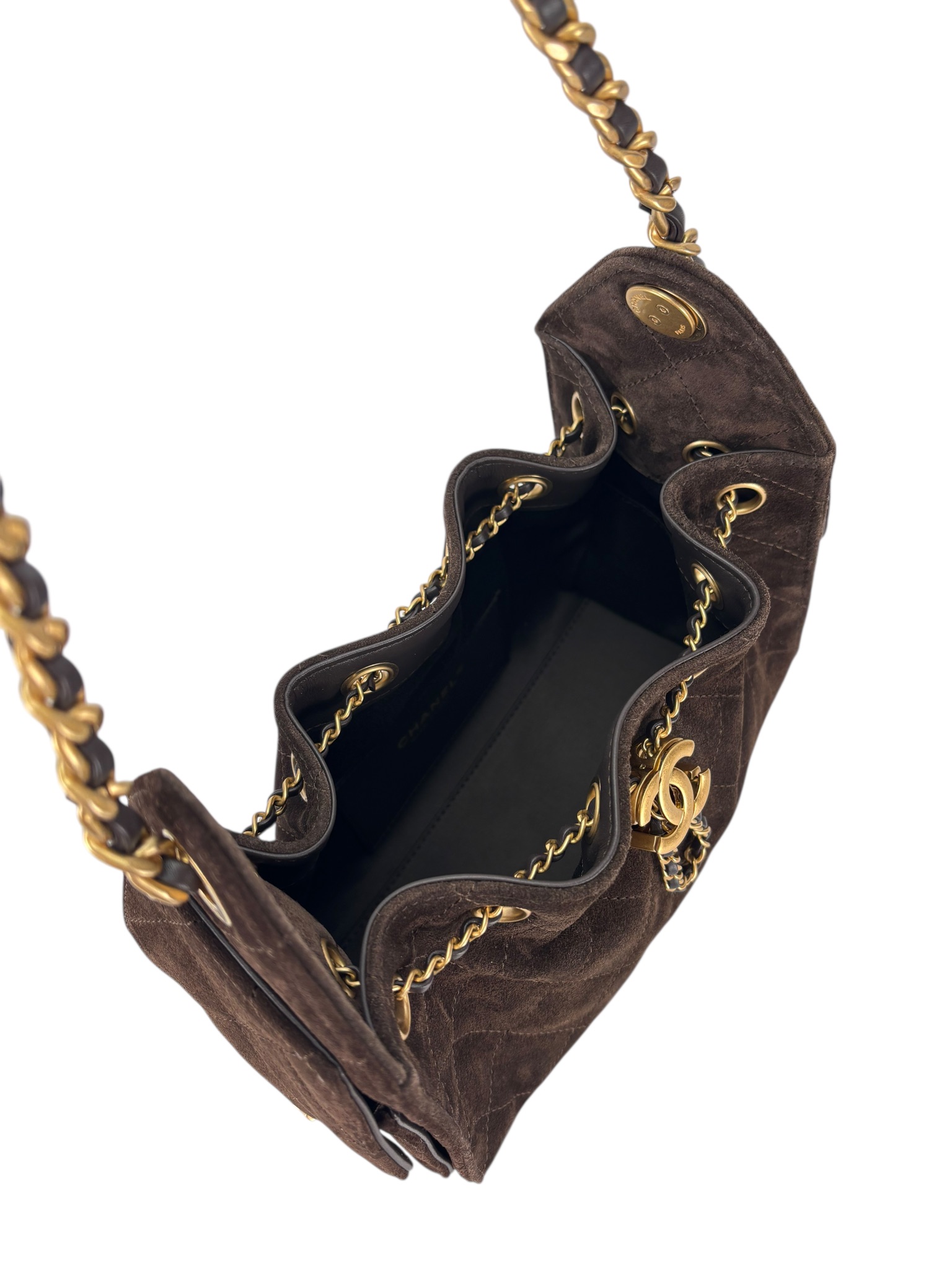 CHANEL - Suede Quilted Small Chanel 25 Handbag Dark Brown