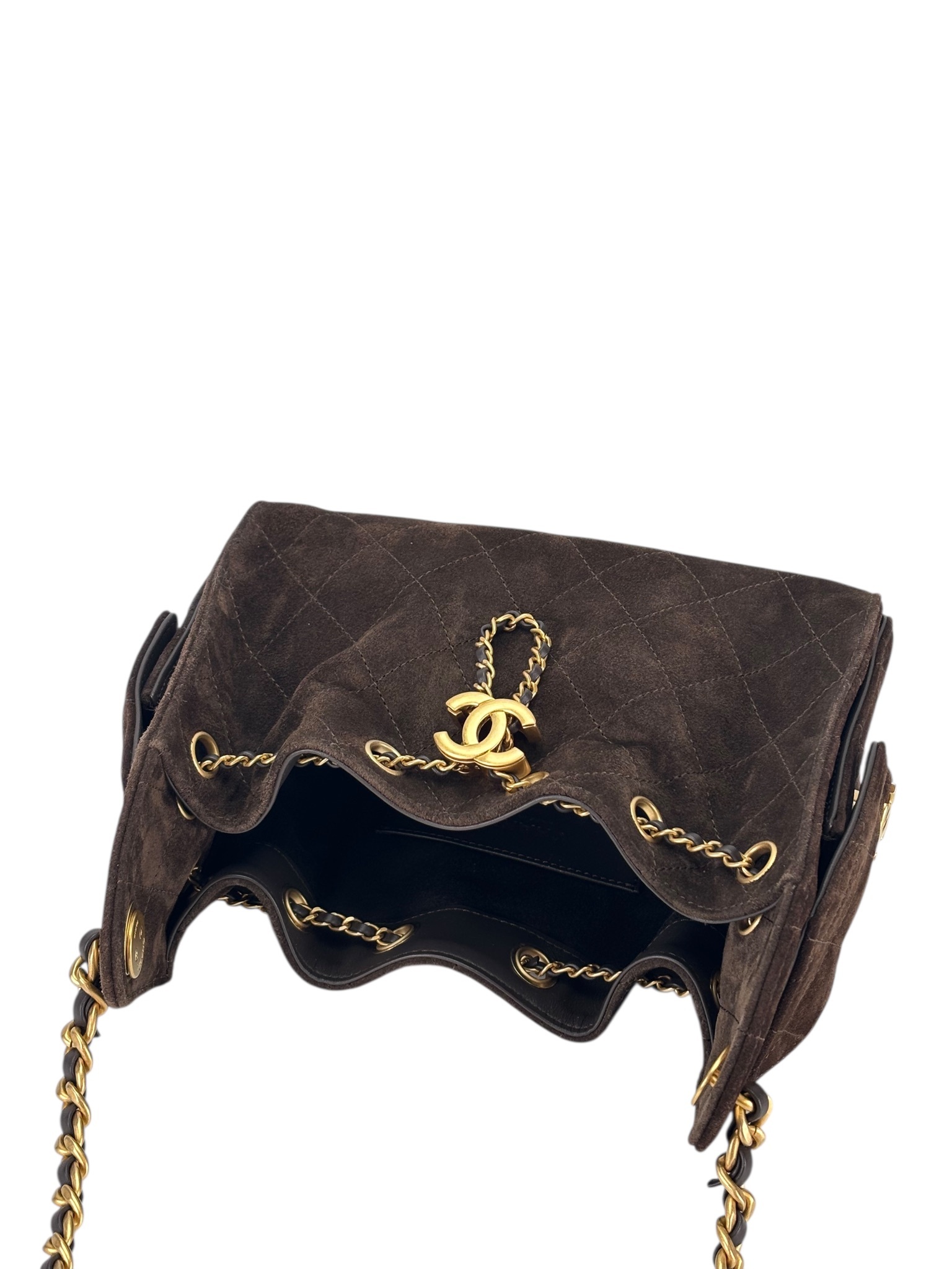 CHANEL - Suede Quilted Small Chanel 25 Handbag Dark Brown