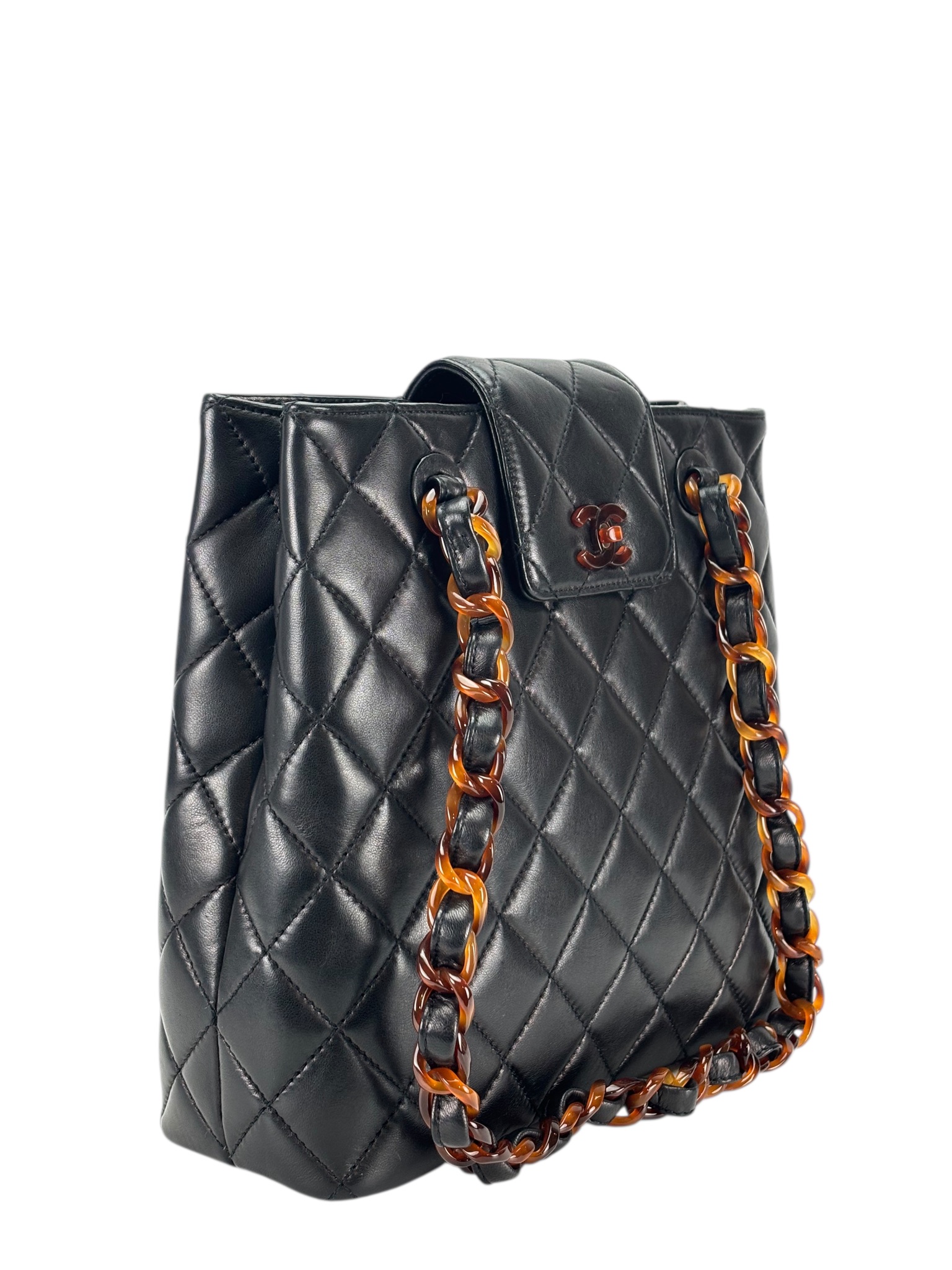 CHANEL - Black Lambskin Tortoise Chain Tote Bag
