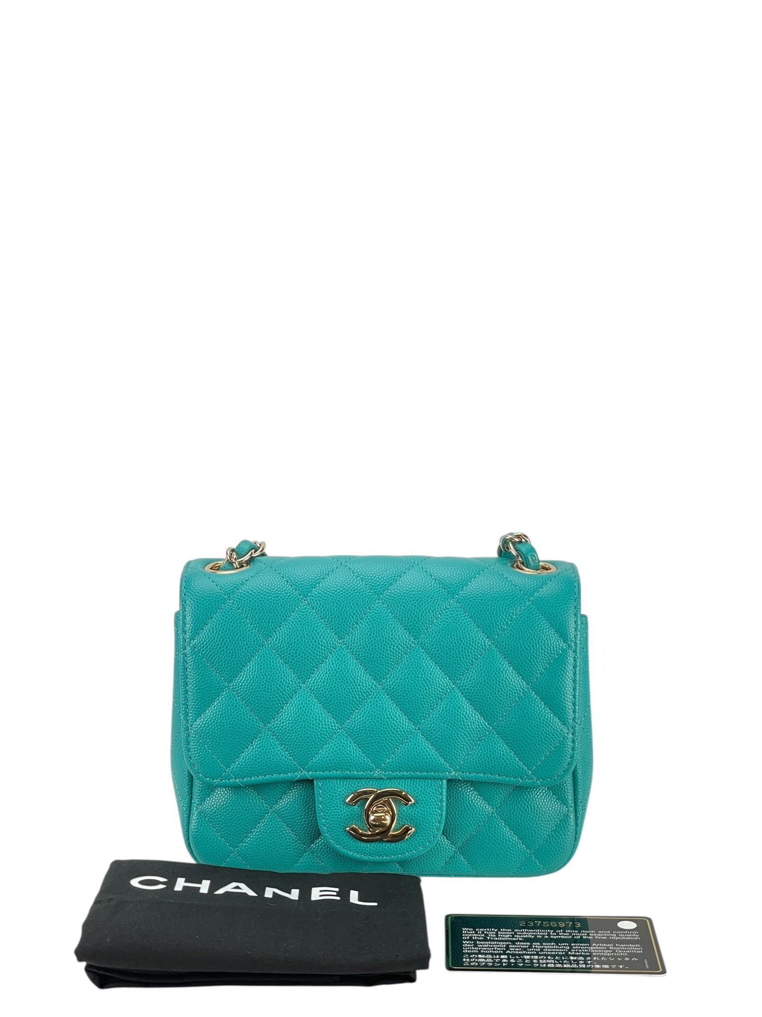 CHANEL - Mini Matlasse 17 Caviar Single Flap Single Chain Bag Blue Green Gold Hardware