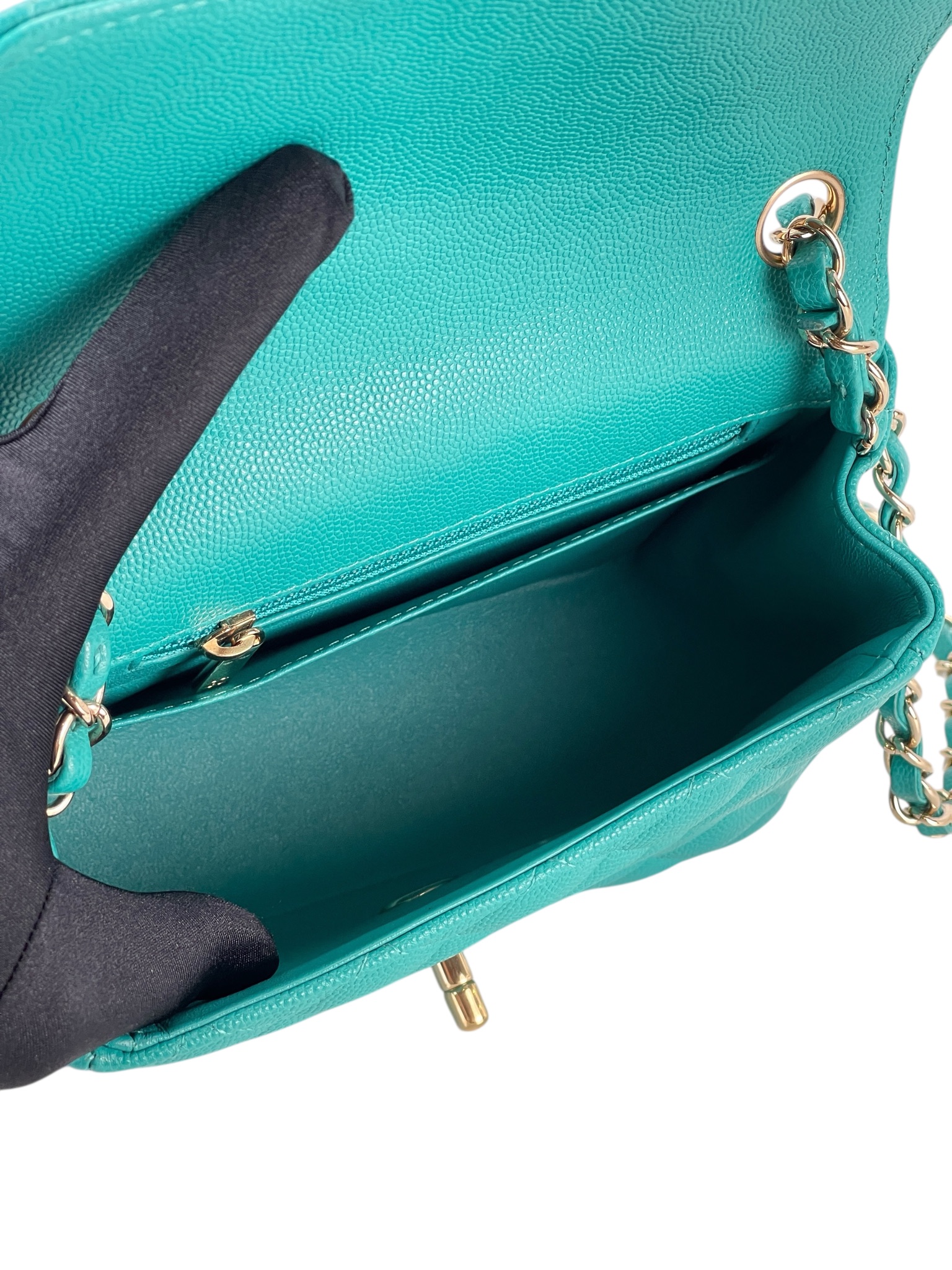 CHANEL - Mini Matlasse 17 Caviar Single Flap Single Chain Bag Blue Green Gold Hardware