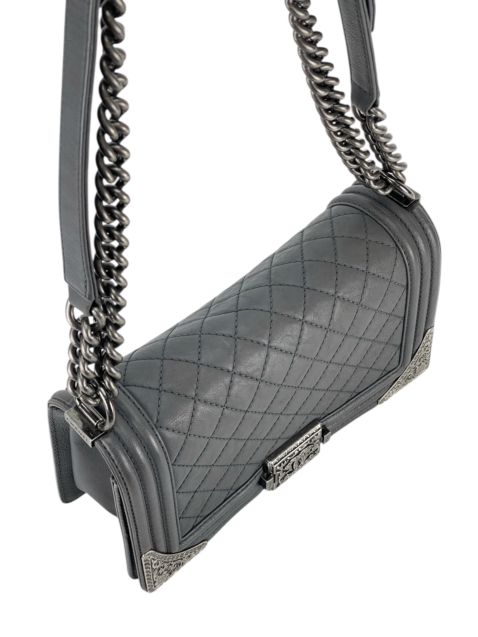 CHANEL - Medium Boy Flap Bag Gray Calfskin Sliver Hardware