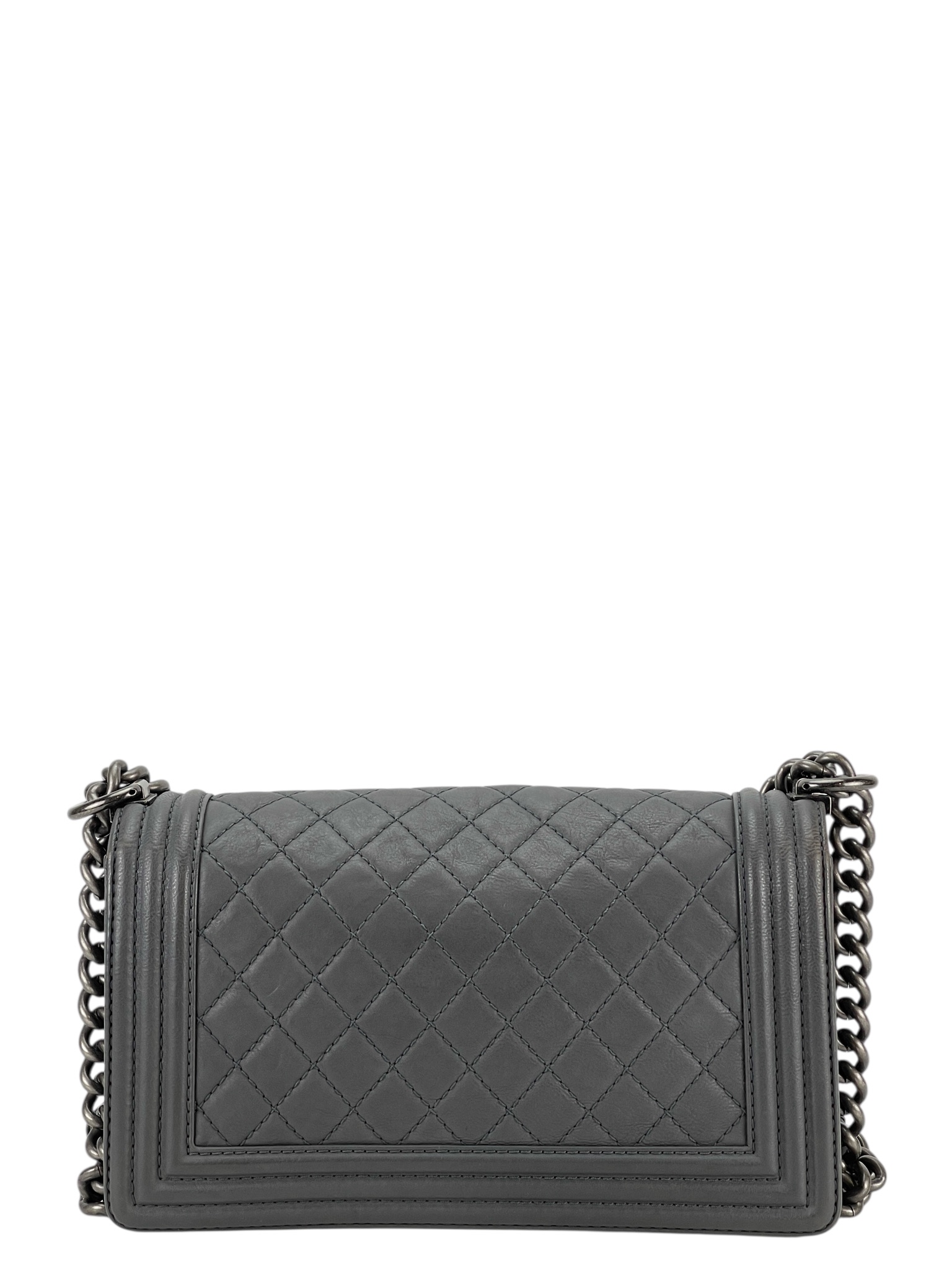 CHANEL - Medium Boy Flap Bag Gray Calfskin Sliver Hardware