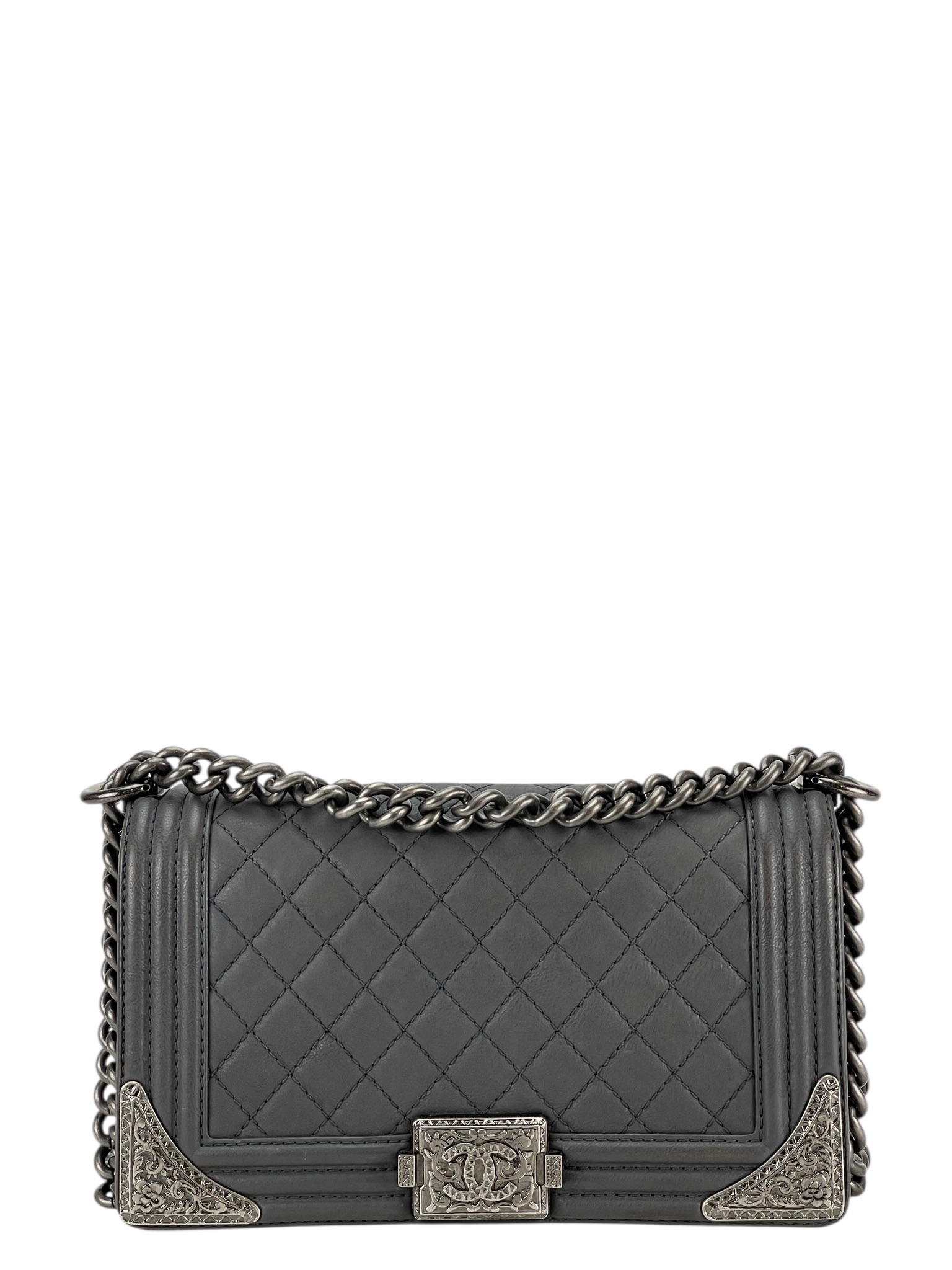 CHANEL - Medium Boy Flap Bag Gray Calfskin Sliver Hardware