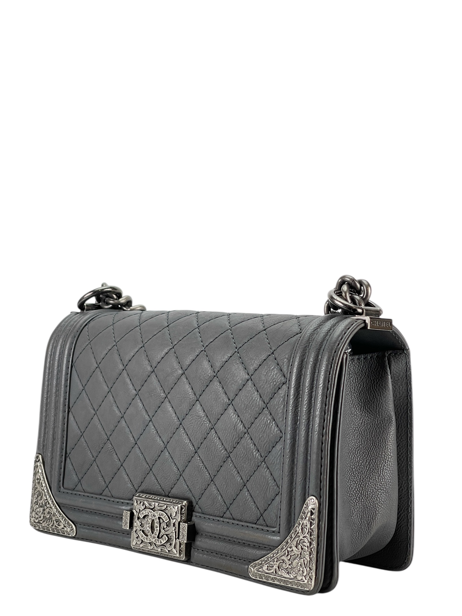 CHANEL - Medium Boy Flap Bag Gray Calfskin Sliver Hardware