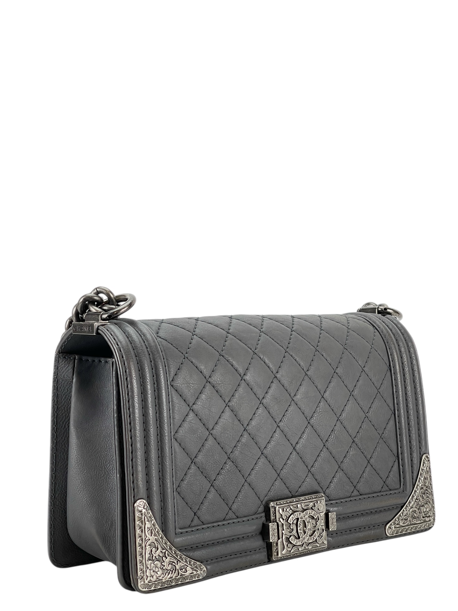 CHANEL - Medium Boy Flap Bag Gray Calfskin Sliver Hardware