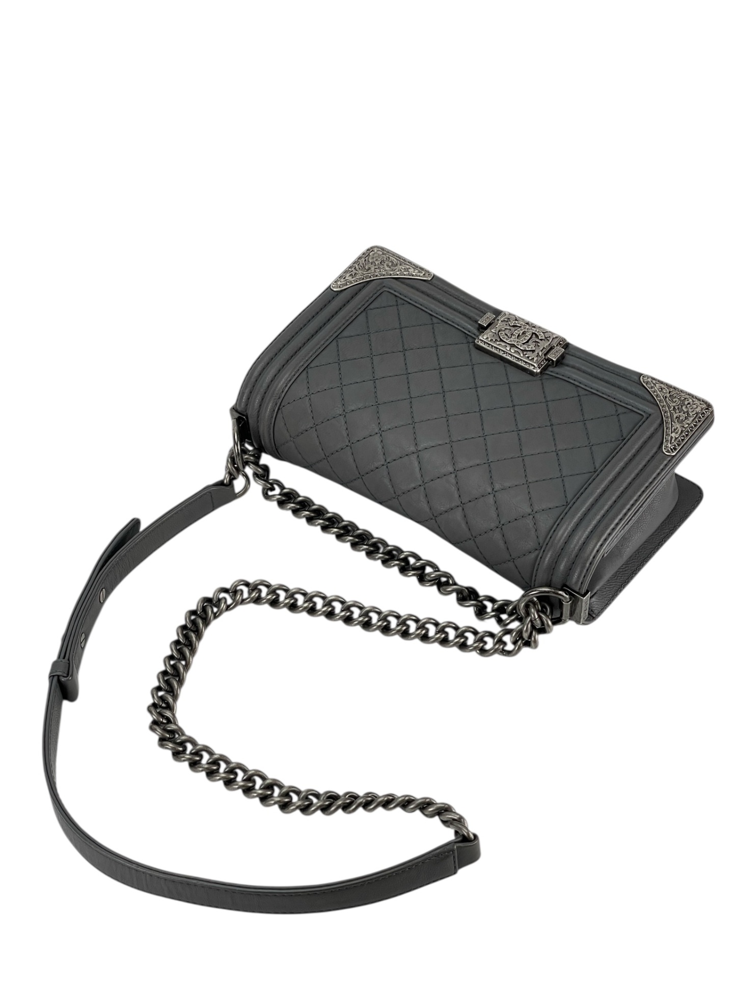 CHANEL - Medium Boy Flap Bag Gray Calfskin Sliver Hardware