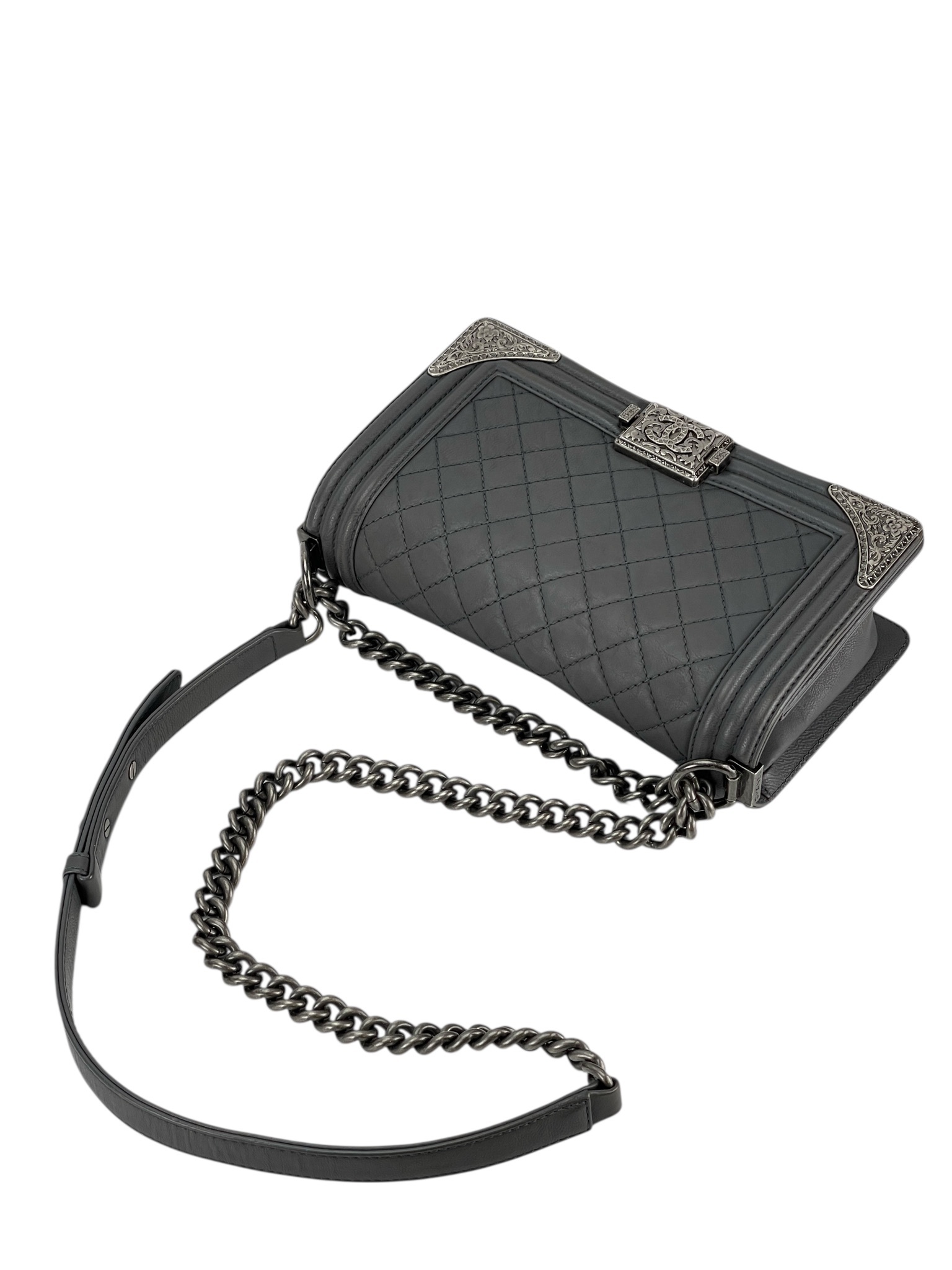 CHANEL - Medium Boy Flap Bag Gray Calfskin Sliver Hardware