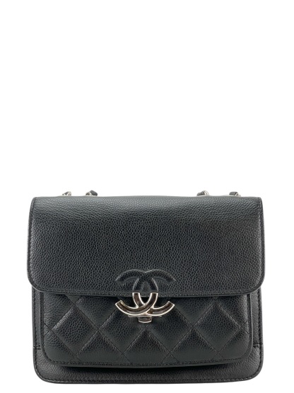 CHANEL - Black Sliver Caviar Quilted CC Box Flap Bag