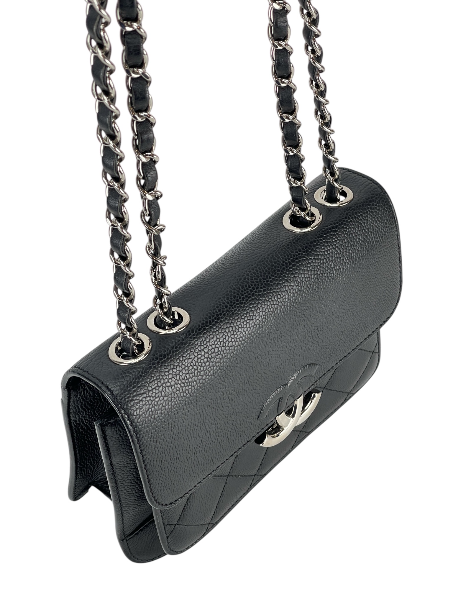 CHANEL - Black Sliver Caviar Quilted CC Box Flap Bag