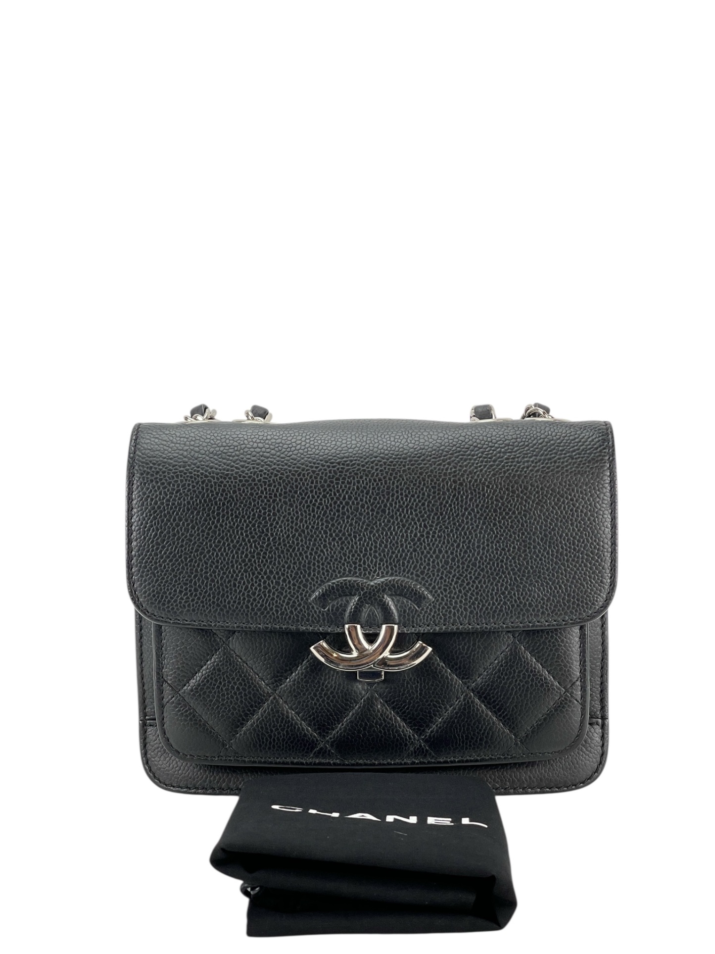 CHANEL - Black Sliver Caviar Quilted CC Box Flap Bag