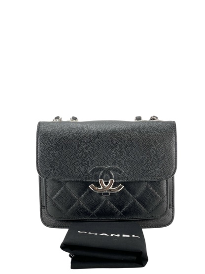 CHANEL - Black Sliver Caviar Quilted CC Box Flap Bag