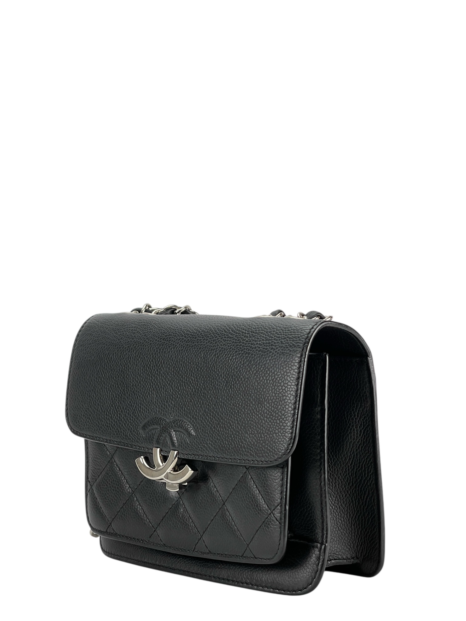CHANEL - Black Sliver Caviar Quilted CC Box Flap Bag
