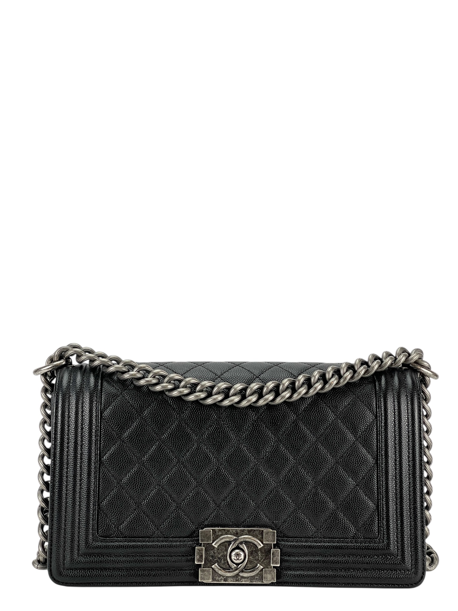 CHANEL - Medium Boy Flap Bag Black Caviar Sliver Hardware