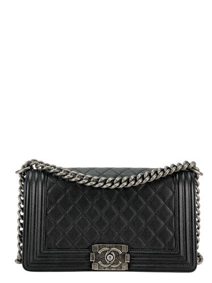 CHANEL - Medium Boy Flap Bag Black Caviar Sliver Hardware