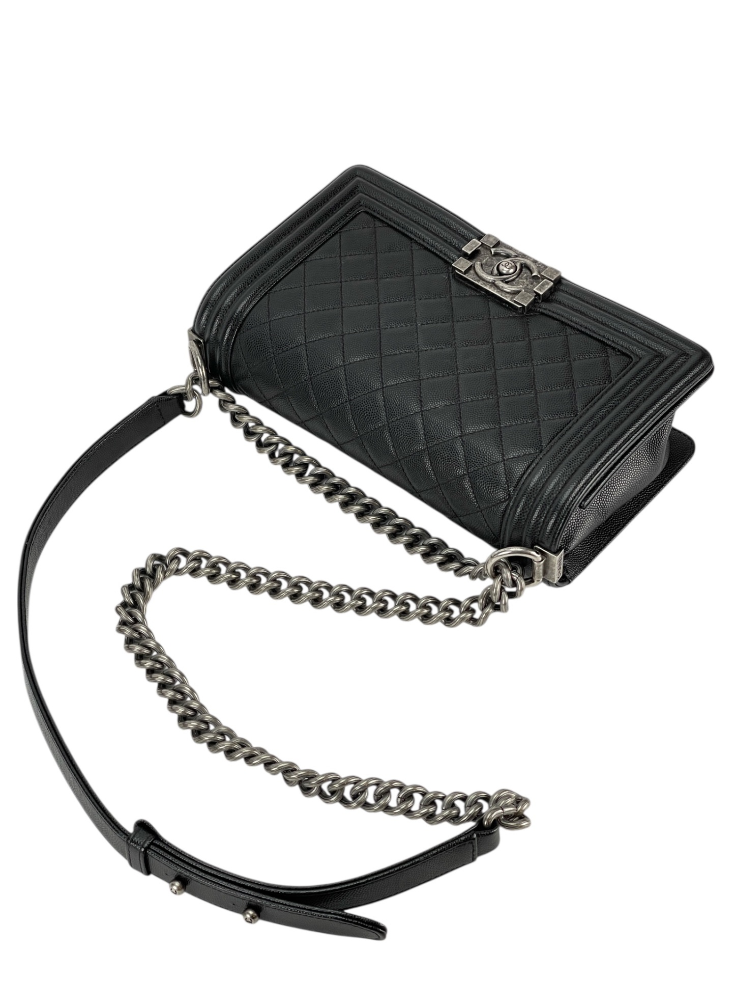 CHANEL - Medium Boy Flap Bag Black Caviar Sliver Hardware