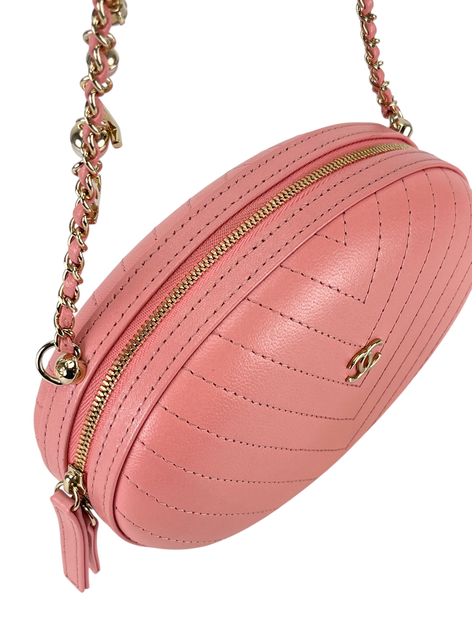 CHANEL - Calfskin Chevron Stitched Evening Bag Pink  