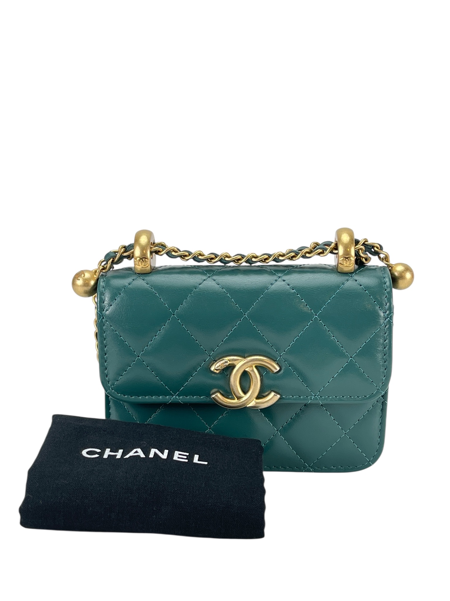 CHANEL - Mini Calfskin Dark Green Chain Shoulder Bag With Flap Coin Purse