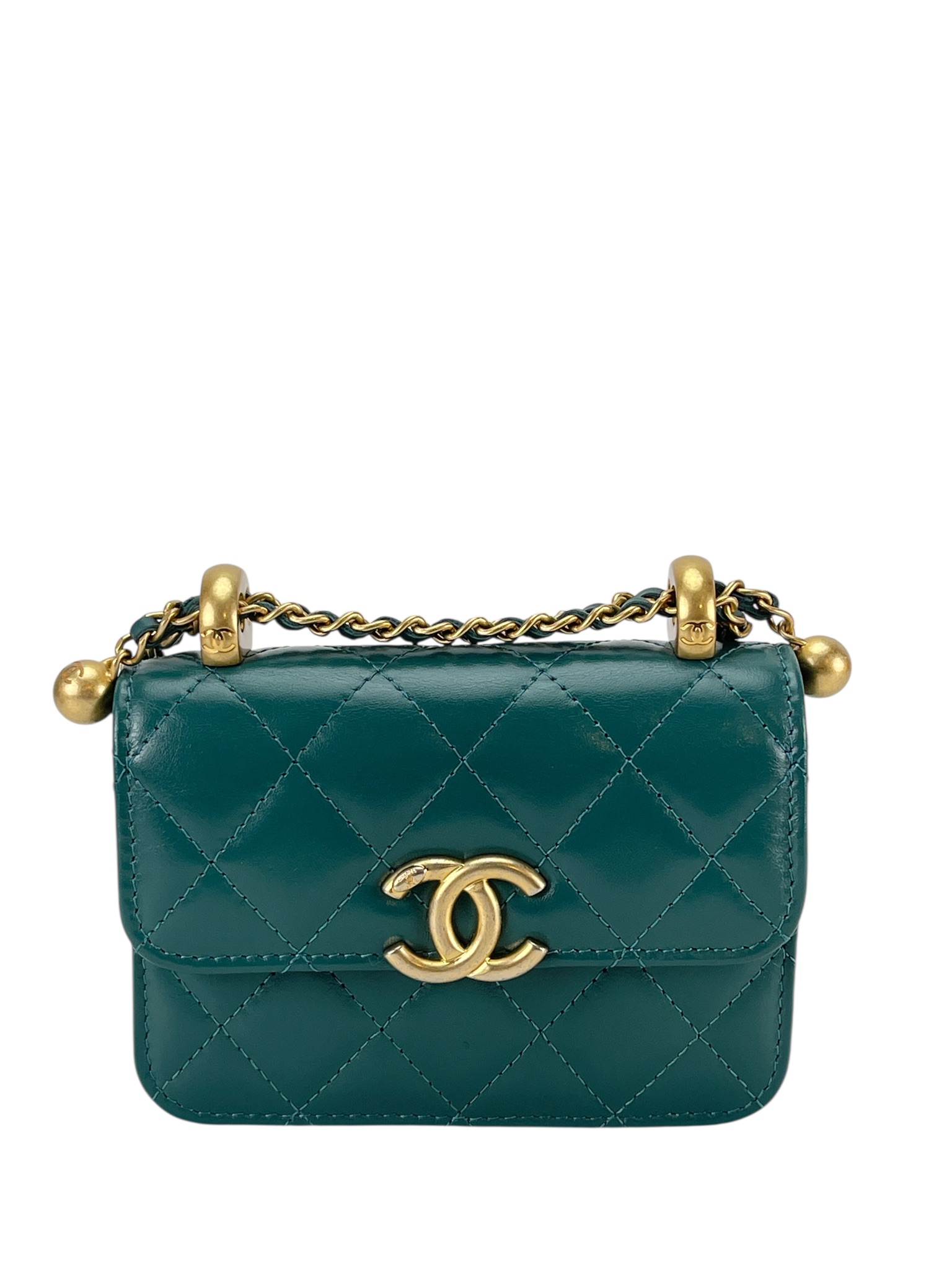 CHANEL - Mini Calfskin Dark Green Chain Shoulder Bag With Flap Coin Purse
