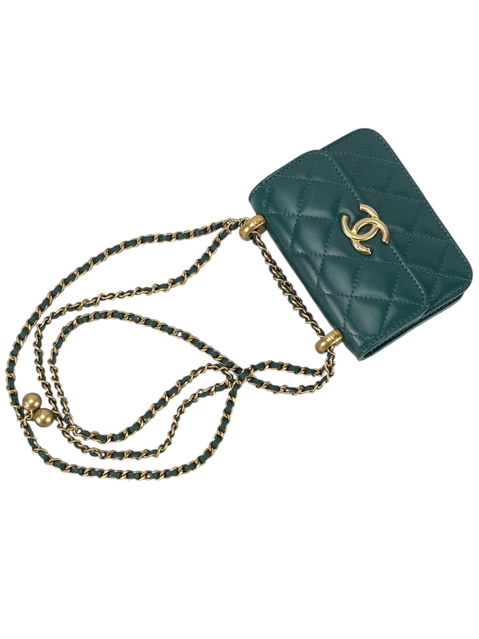 CHANEL - Mini Calfskin Dark Green Chain Shoulder Bag With Flap Coin Purse
