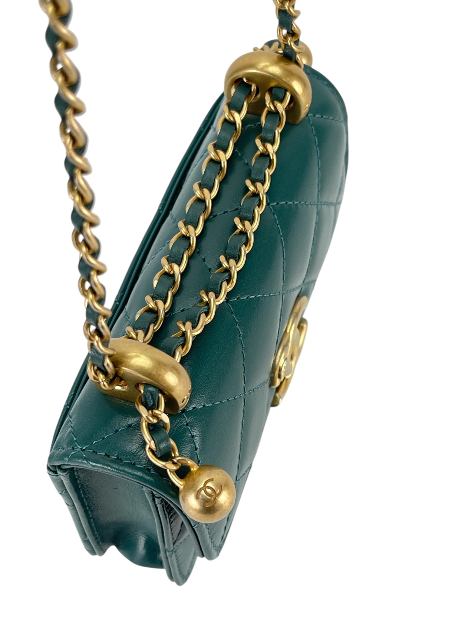 CHANEL - Mini Calfskin Dark Green Chain Shoulder Bag With Flap Coin Purse