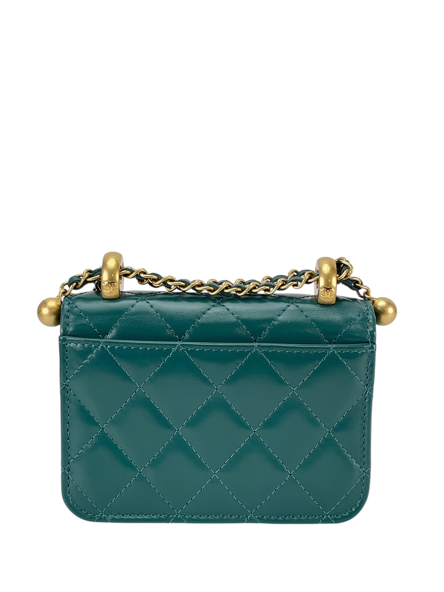 CHANEL - Mini Calfskin Dark Green Chain Shoulder Bag With Flap Coin Purse