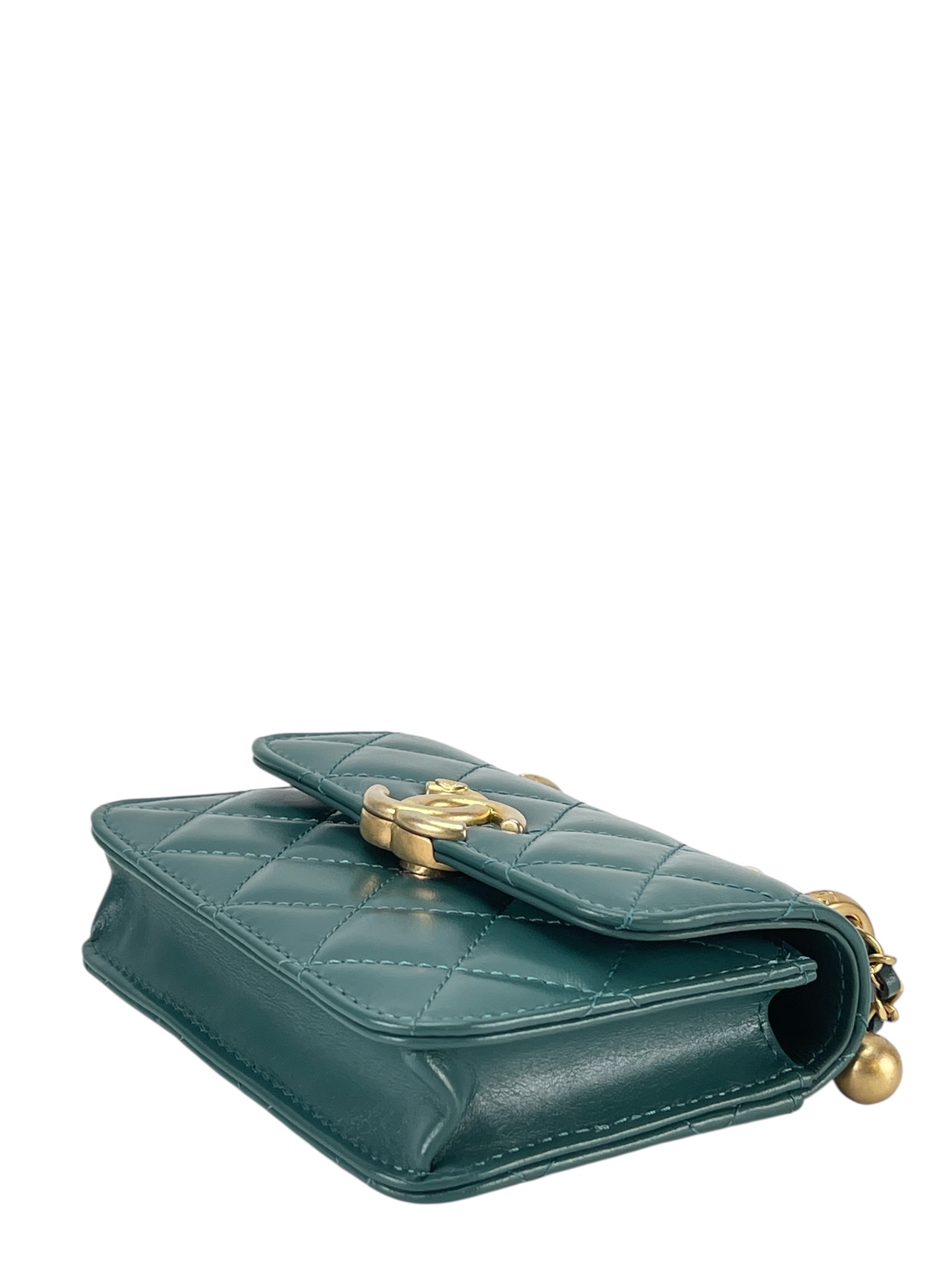 CHANEL - Mini Calfskin Dark Green Chain Shoulder Bag With Flap Coin Purse