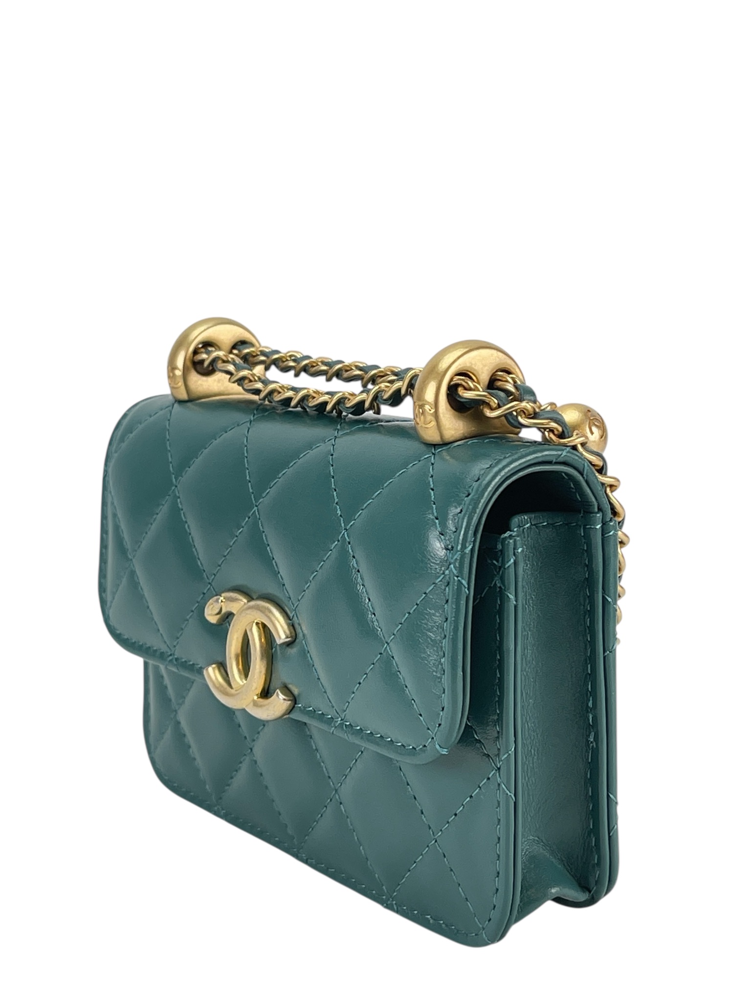 CHANEL - Mini Calfskin Dark Green Chain Shoulder Bag With Flap Coin Purse