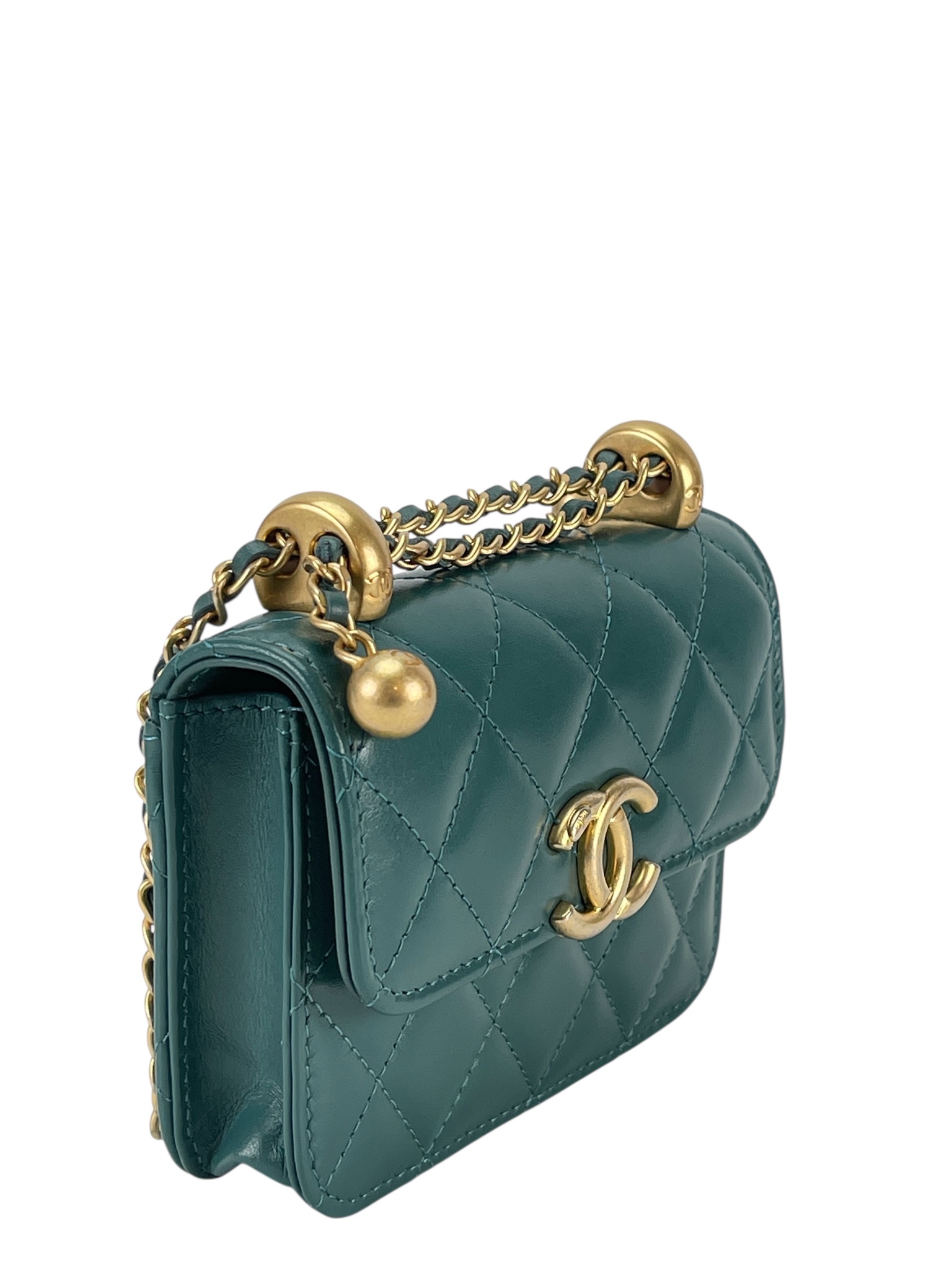 CHANEL - Mini Calfskin Dark Green Chain Shoulder Bag With Flap Coin Purse