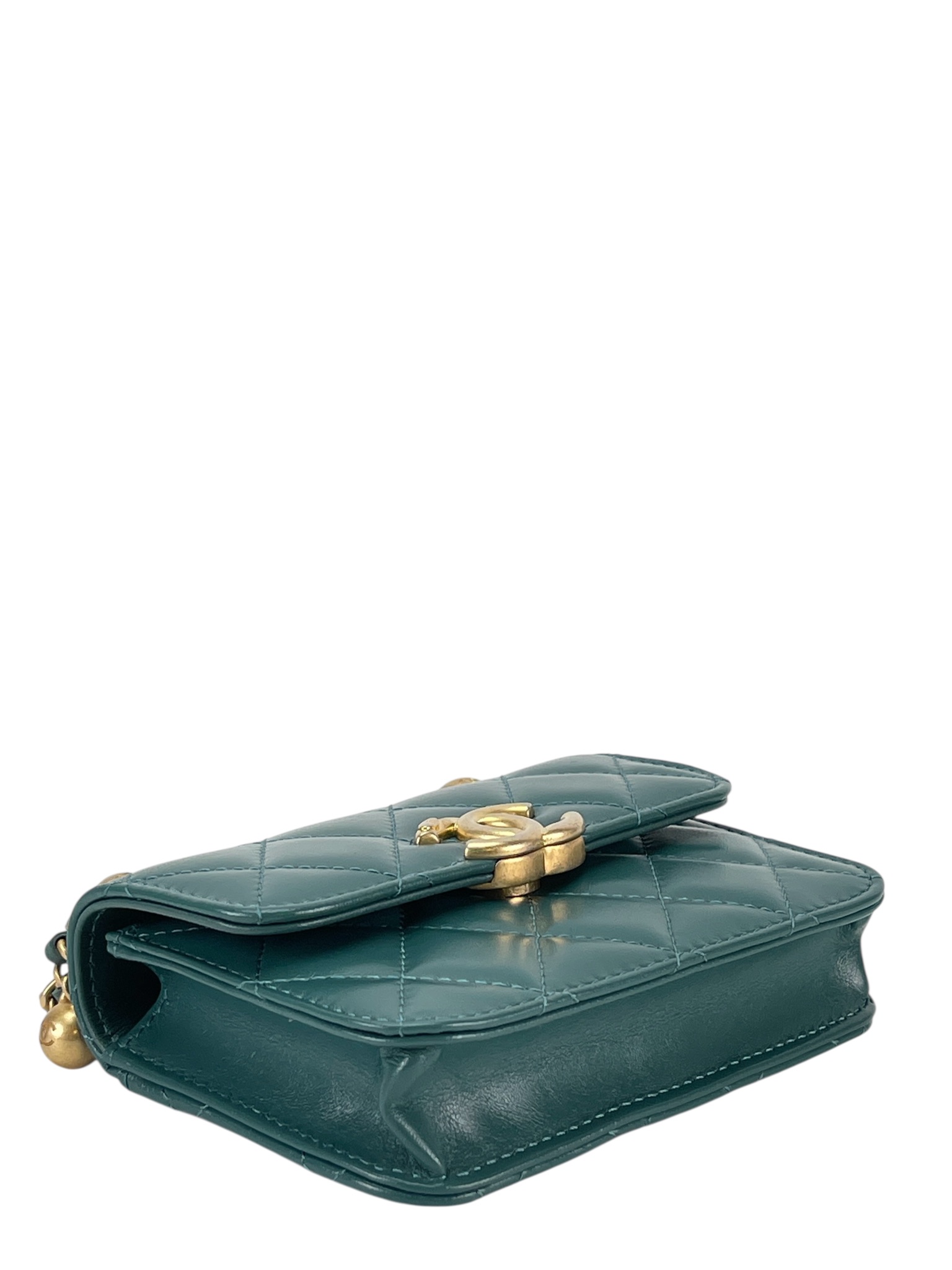 CHANEL - Mini Calfskin Dark Green Chain Shoulder Bag With Flap Coin Purse