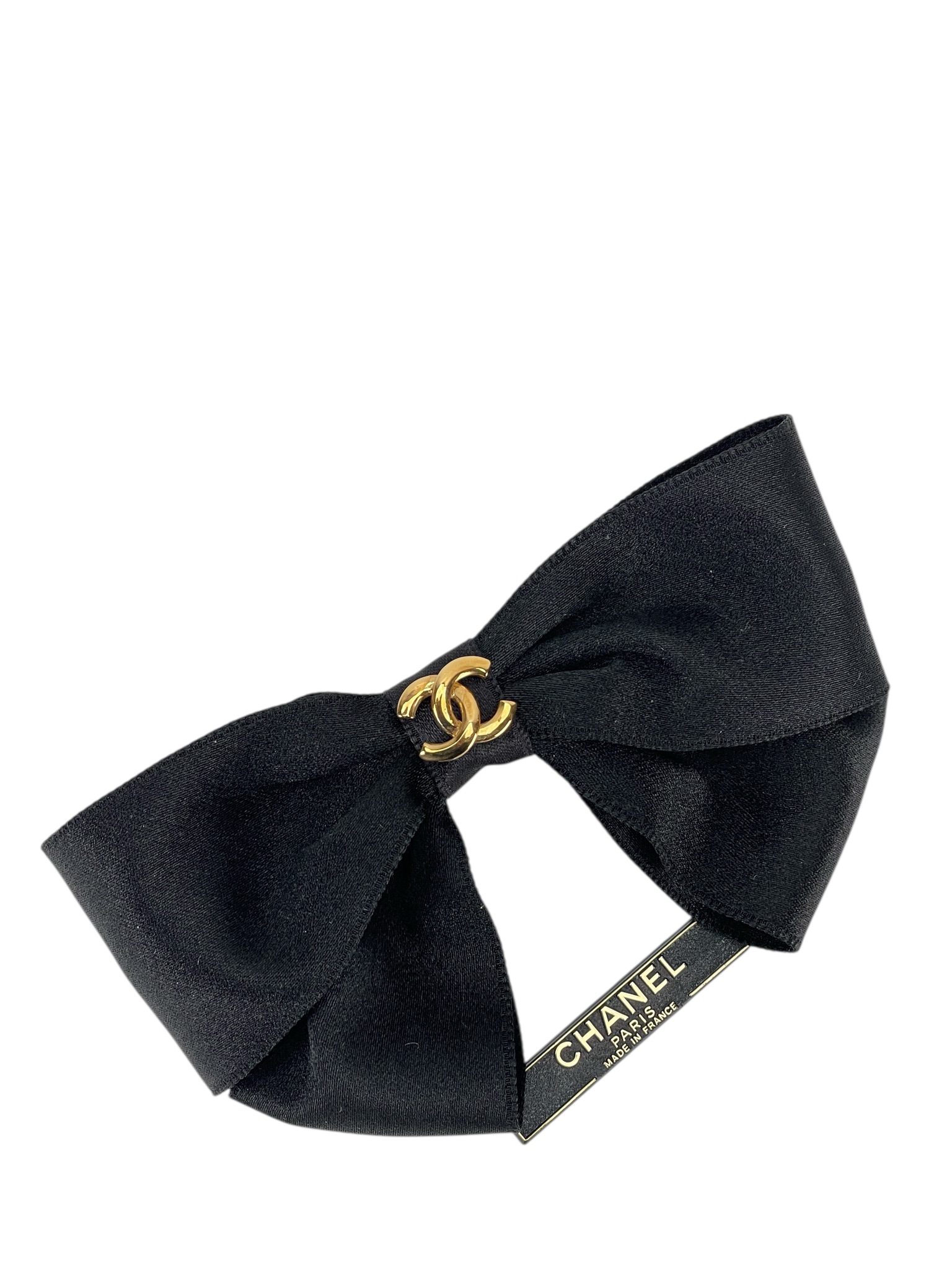 CHANEL - 95A Black Satin Bow Barrette Gold Tone