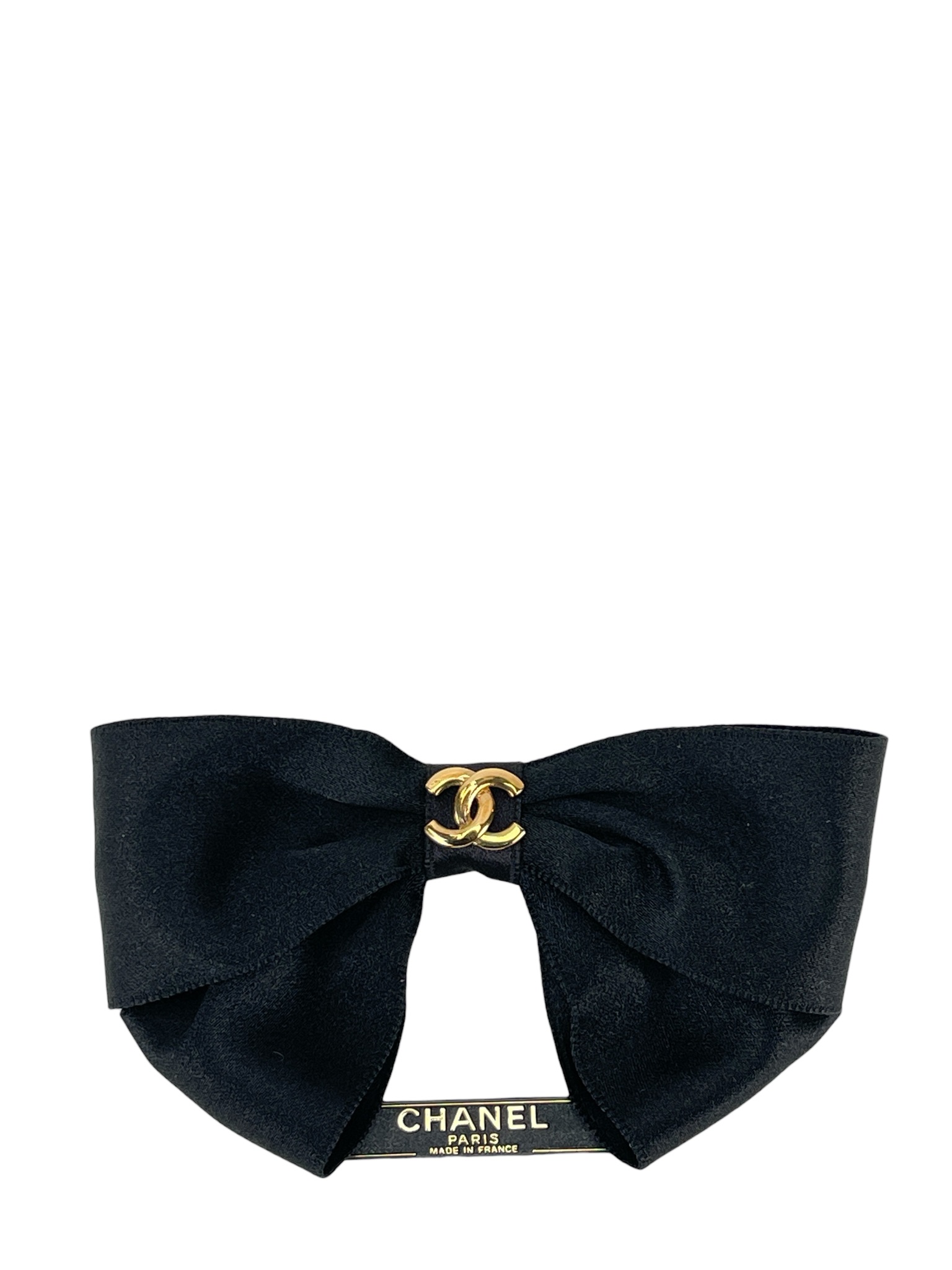 CHANEL - 95A Black Satin Bow Barrette Gold Tone