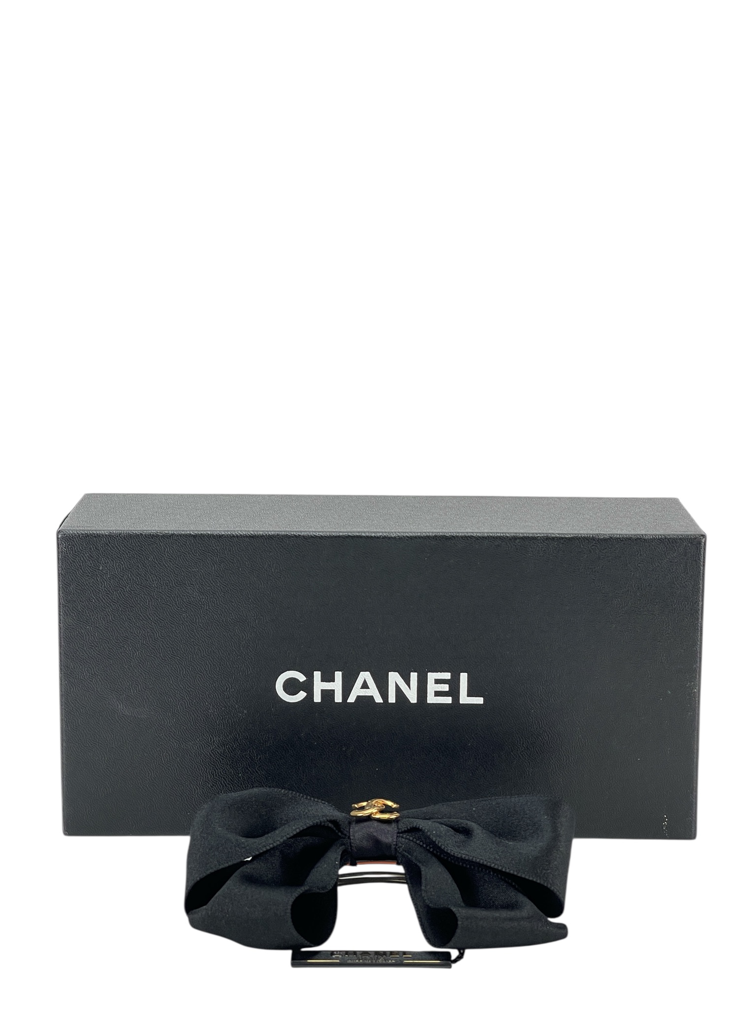 CHANEL - 95A Black Satin Bow Barrette Gold Tone
