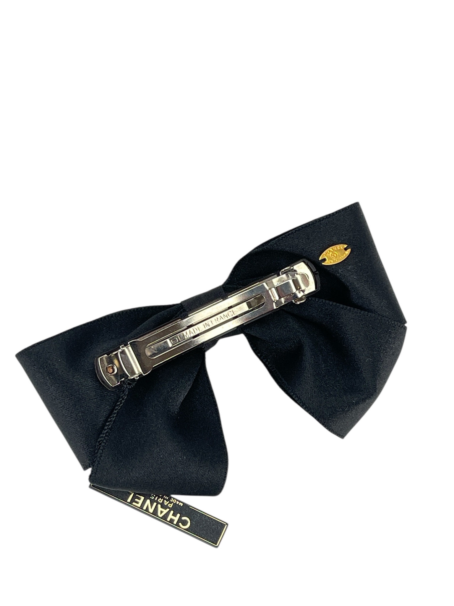 CHANEL - 95A Black Satin Bow Barrette Gold Tone