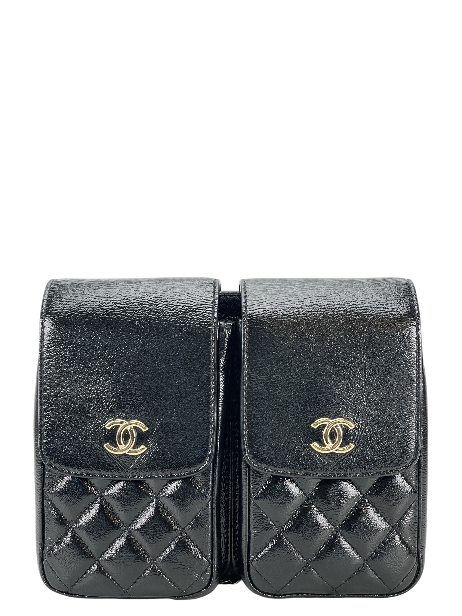 CHANEL - Black Patent Quilted Double Pocket Crossbody Flap 
