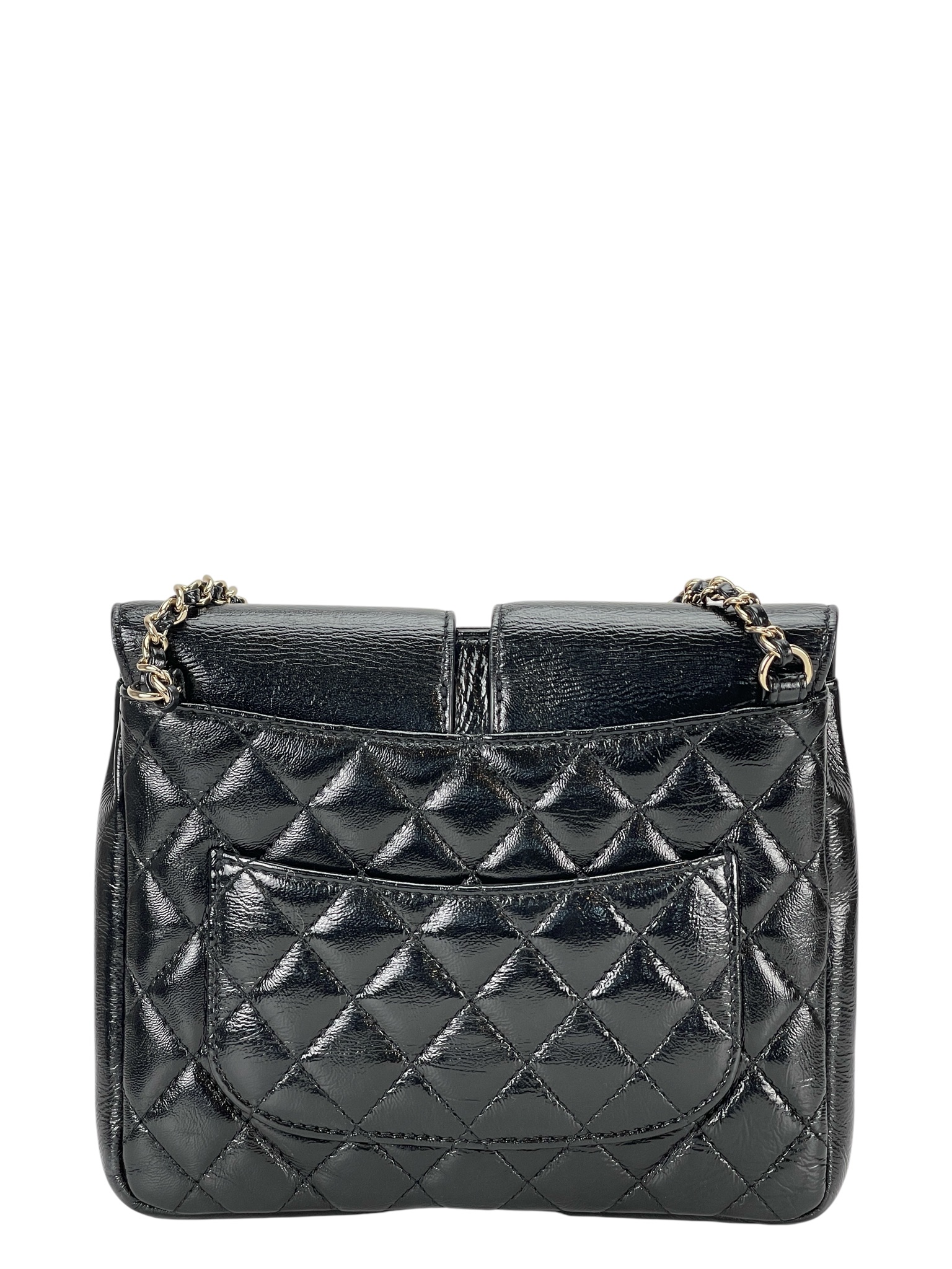 CHANEL - Black Patent Quilted Double Pocket Crossbody Flap 