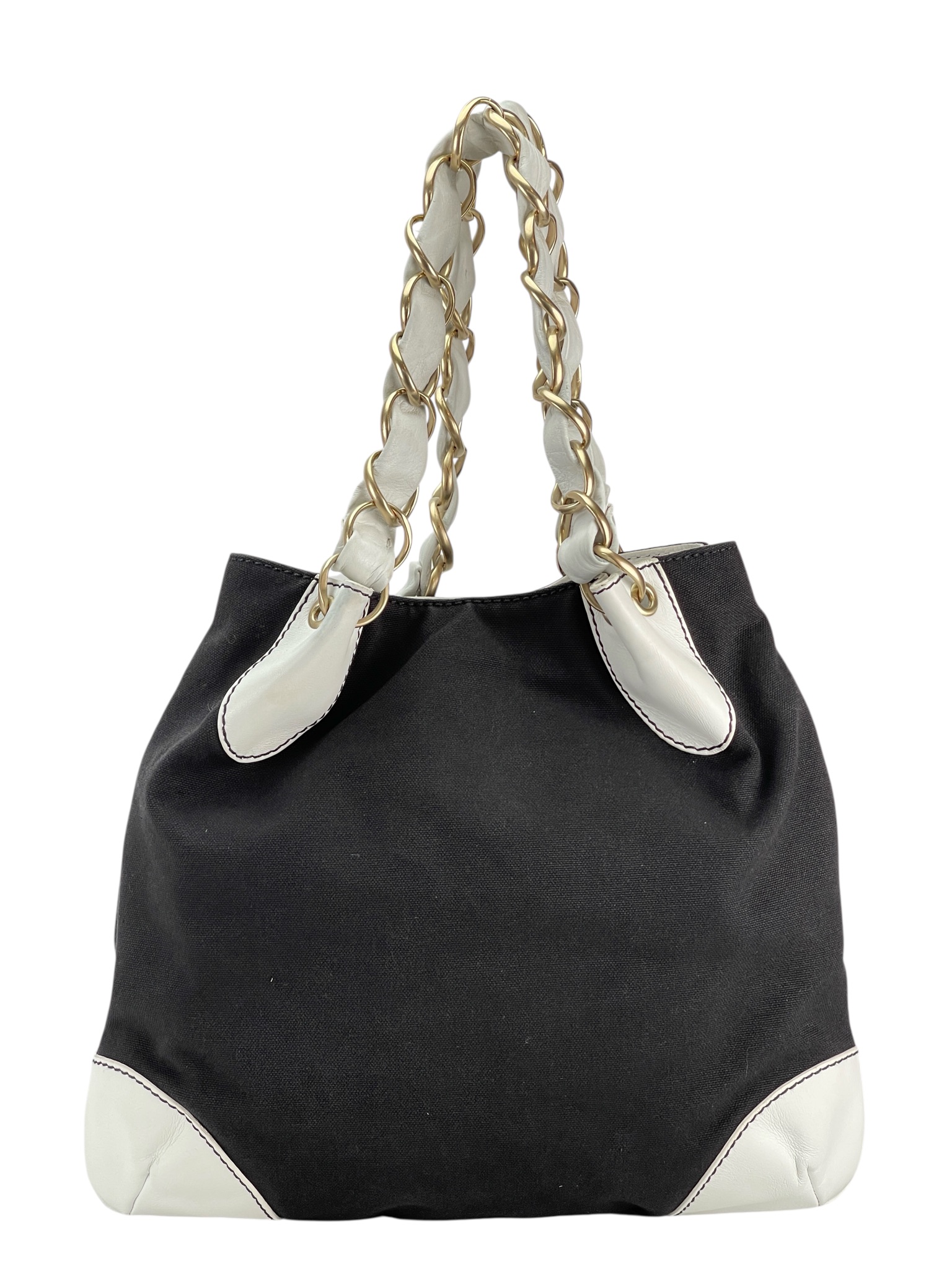 CHANEL - Black White Canvas Leather Deka Coco Chain Shoulder