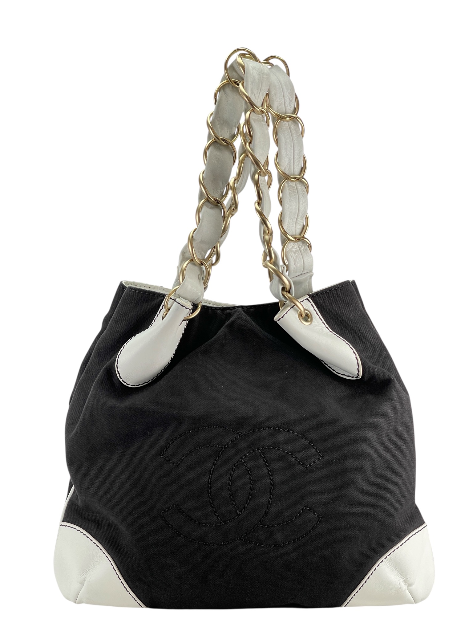 CHANEL - Black White Canvas Leather Deka Coco Chain Shoulder