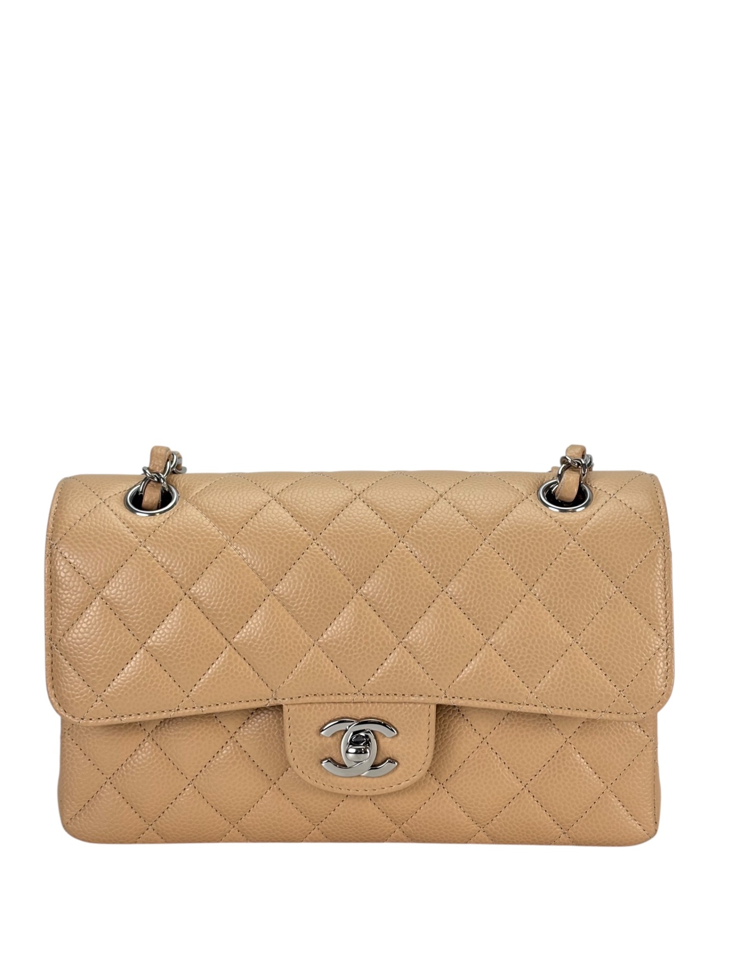CHANEL -  Small Classic Double Flap Bag Beige Caviar Sliver Hardware (CF23)