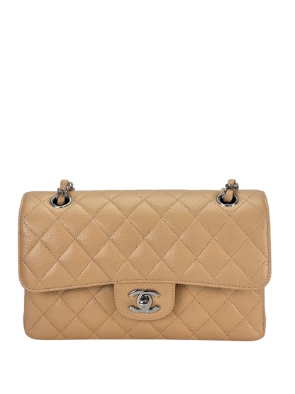CHANEL -  Small Classic Double Flap Bag Beige Caviar Sliver Hardware (CF23)