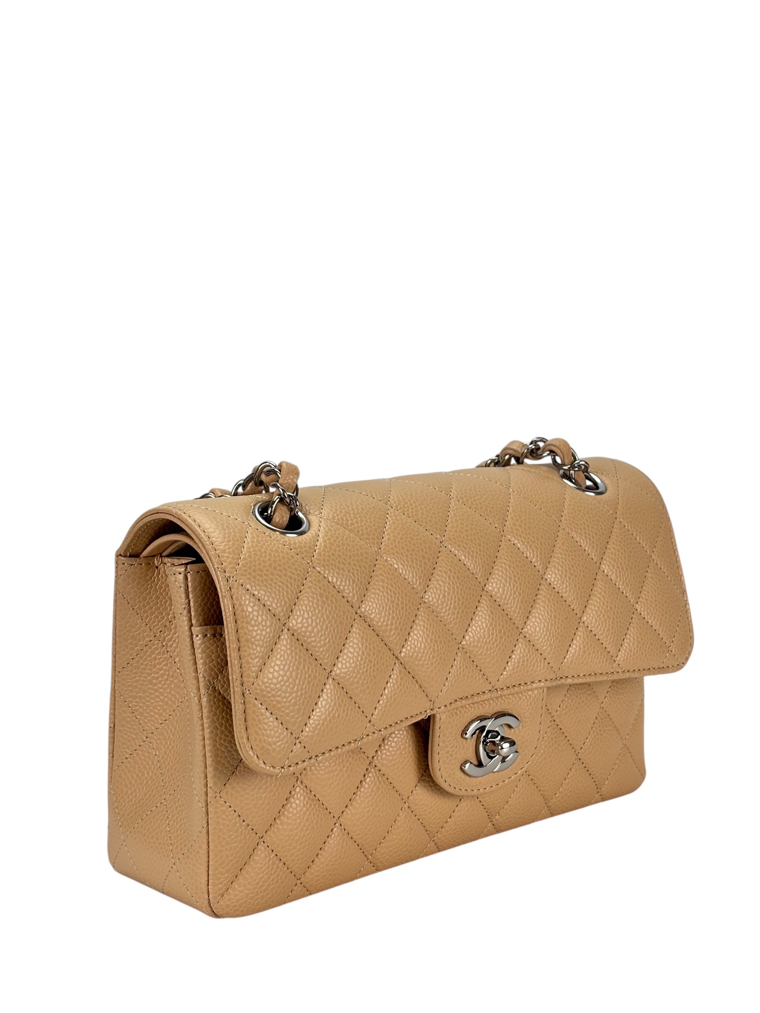 CHANEL -  Small Classic Double Flap Bag Beige Caviar Sliver Hardware (CF23)