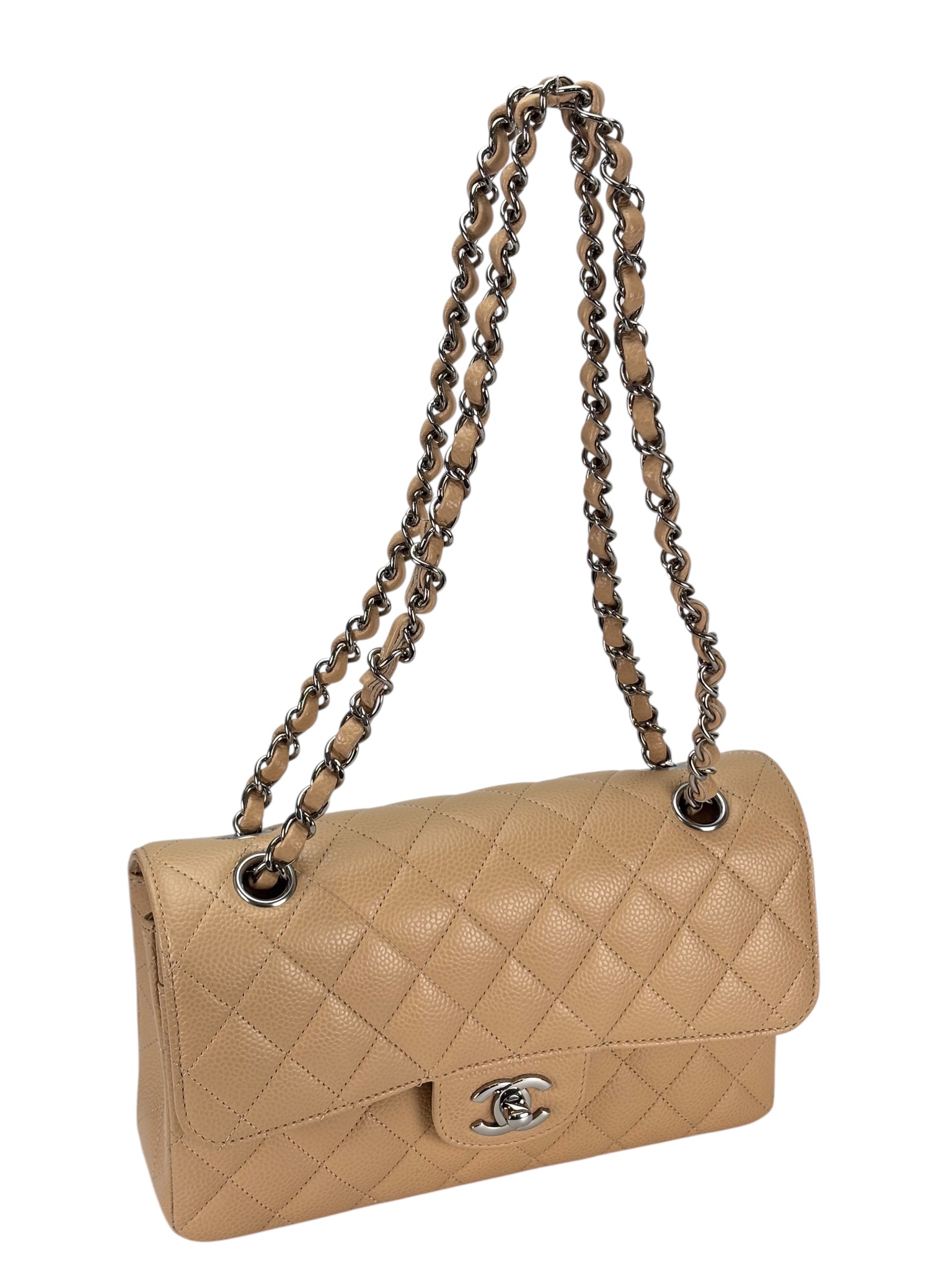 CHANEL -  Small Classic Double Flap Bag Beige Caviar Sliver Hardware (CF23)
