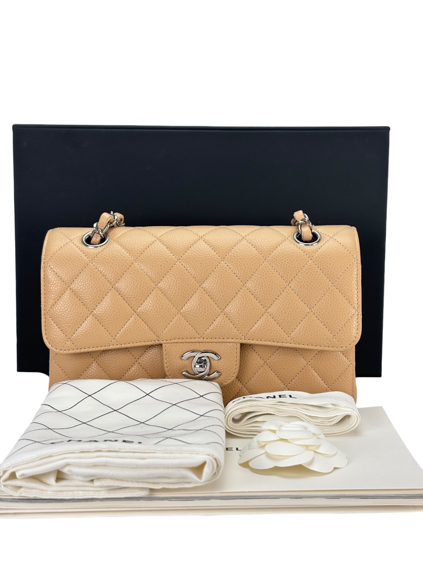 CHANEL -  Small Classic Double Flap Bag Beige Caviar Sliver Hardware (CF23)