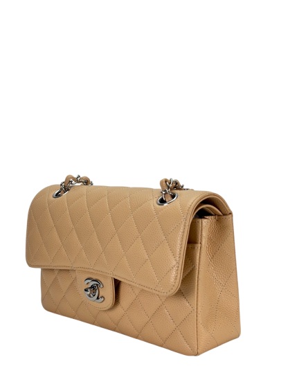 CHANEL -  Small Classic Double Flap Bag Beige Caviar Sliver Hardware (CF23)
