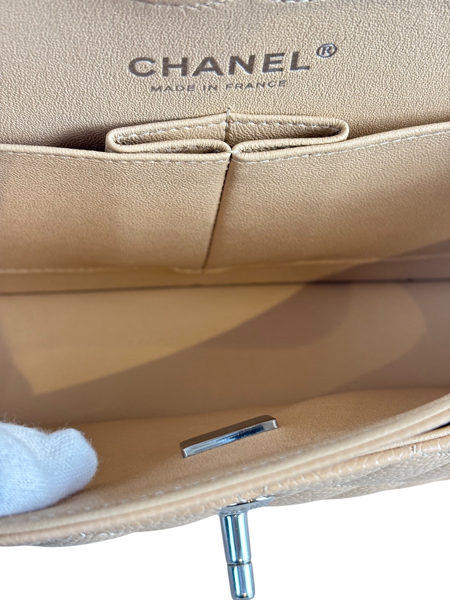 CHANEL -  Small Classic Double Flap Bag Beige Caviar Sliver Hardware (CF23)