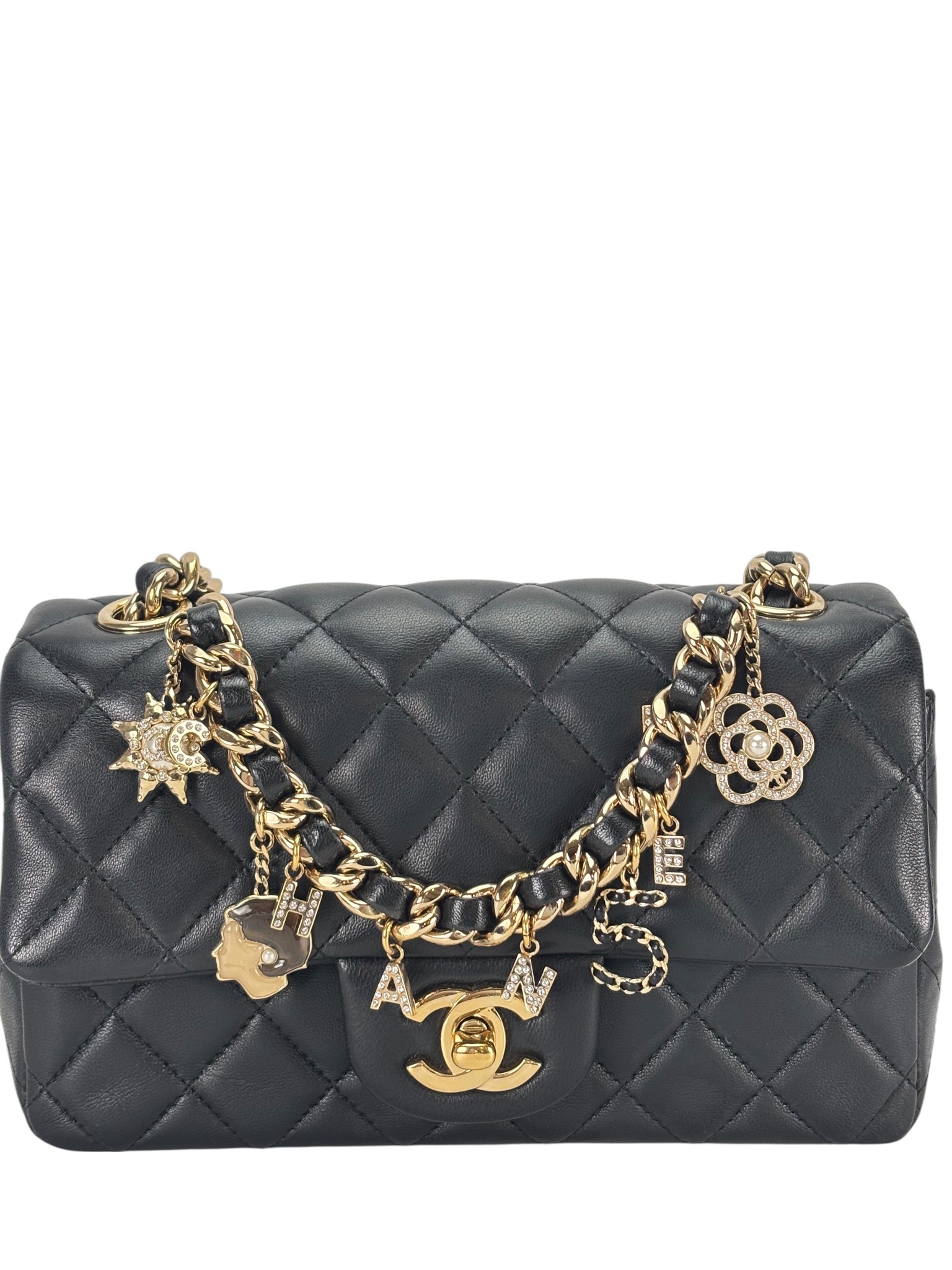 CHANEL - Black Lambskin Quilted Mini Coco Charms Rectangular Flap 
