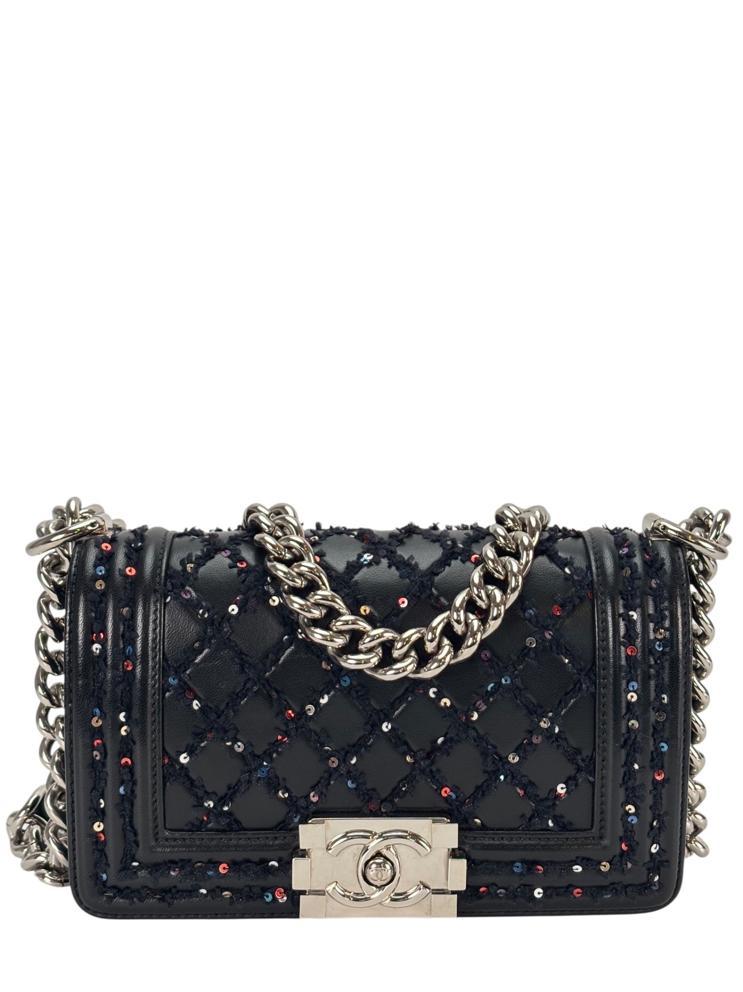 CHANEL - Small Boy Flap Bag Black Tweed Sequin Sliver Hardware