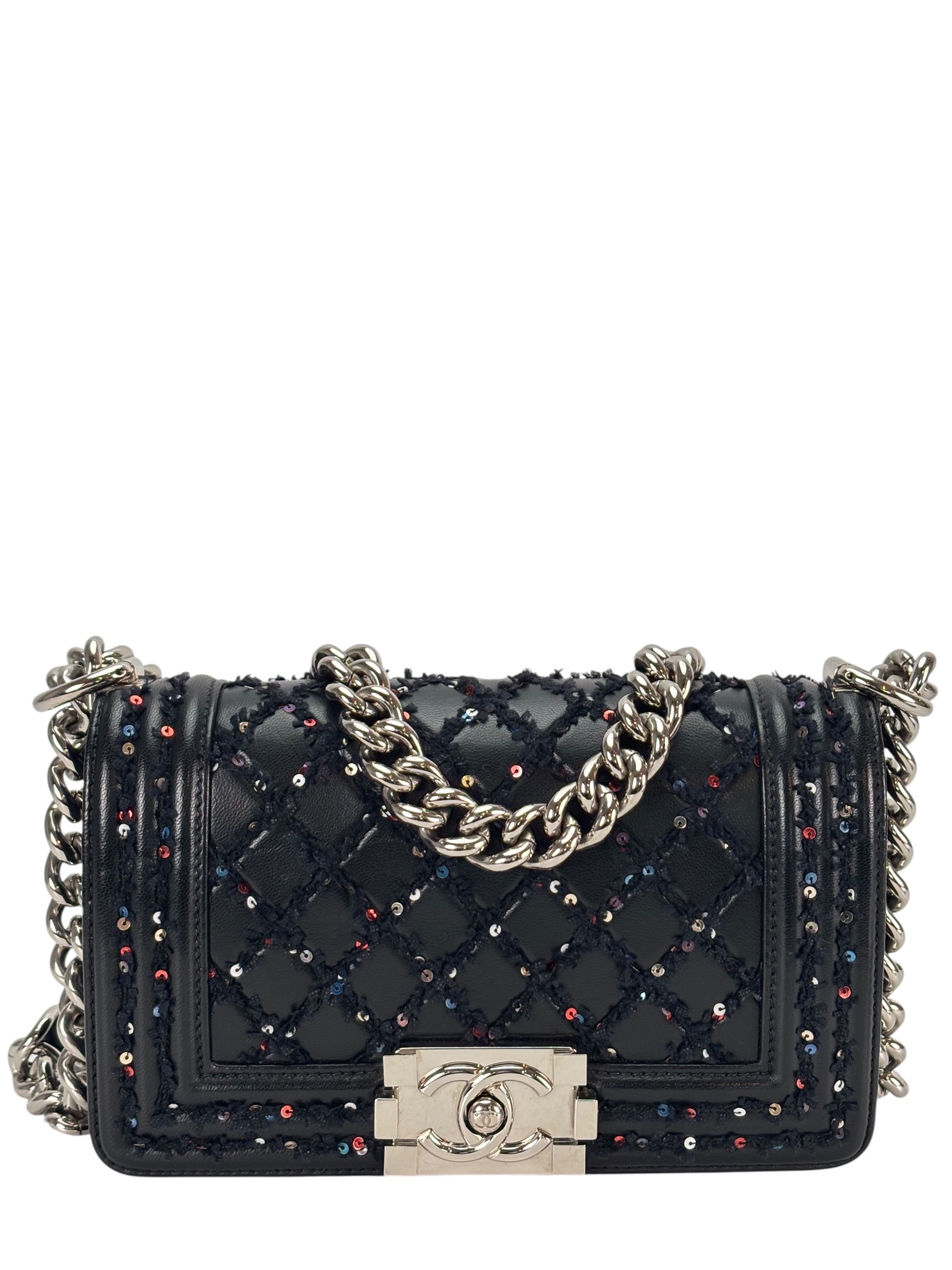 CHANEL - Small Boy Flap Bag Black Tweed Sequin Sliver Hardware