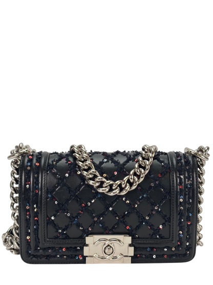 CHANEL - Small Boy Flap Bag Black Tweed Sequin Sliver Hardware