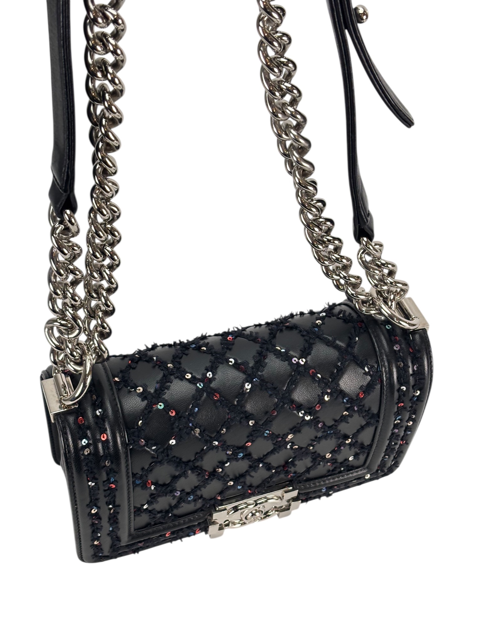 CHANEL - Small Boy Flap Bag Black Tweed Sequin Sliver Hardware